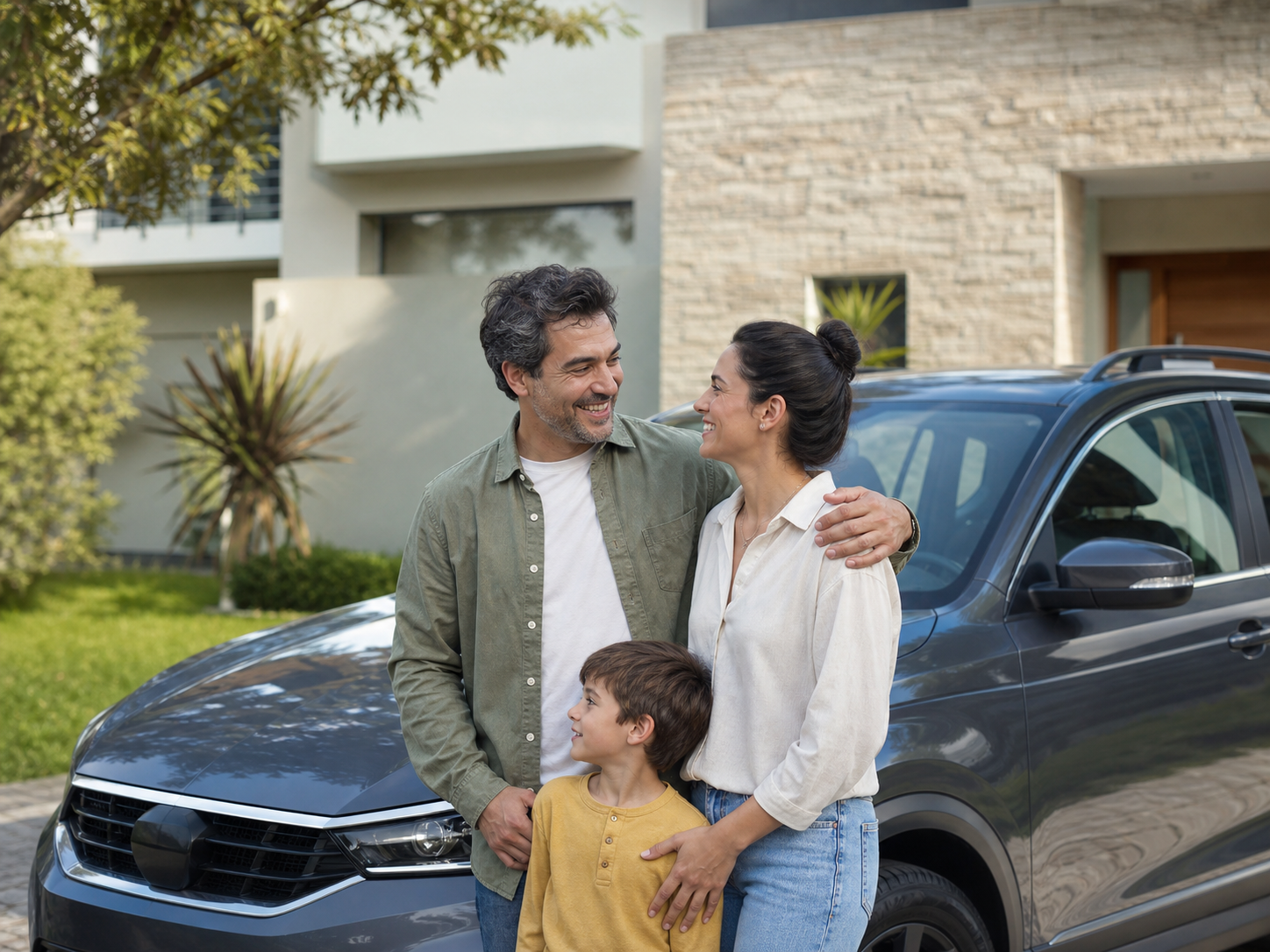 Familia junto a su vivienda y vehículo